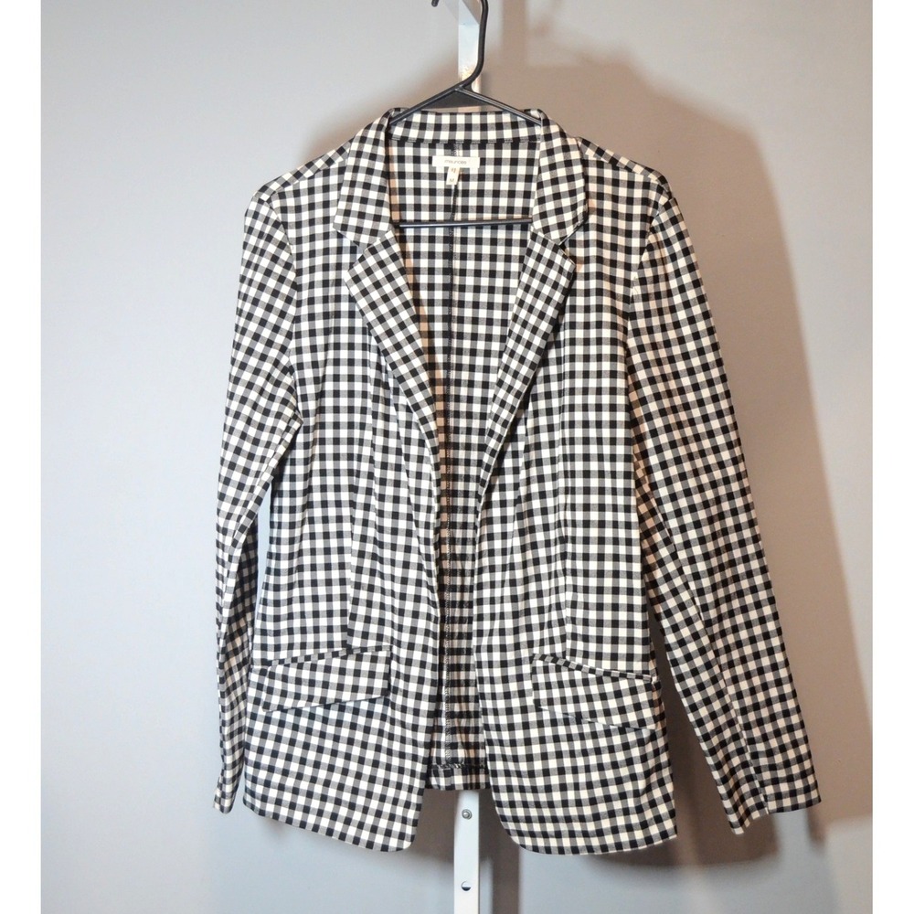 Maurices Black/White Gingham Open Stretch Blazer Faux Pockets Size M Preppy